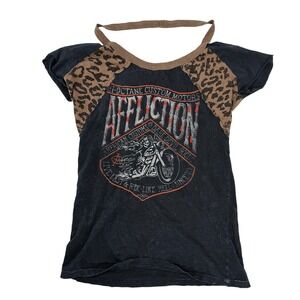 Affliction American Customs Leopard Raglan Choker Graphic Tee Black Womens Small